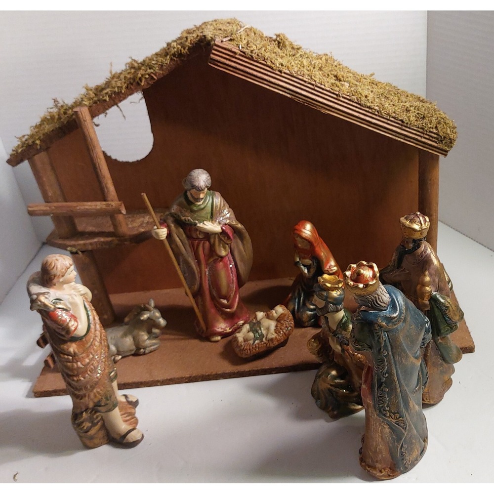 Vintage Nativity Set Christmas 10 Piece Resin Figures, Wood Creche Manger w/ Box